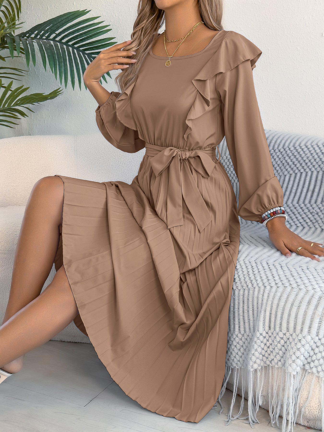 Women's Elegant Ruffle Trim Square Neck Long Sleeve Tie Waist Pleated Dress