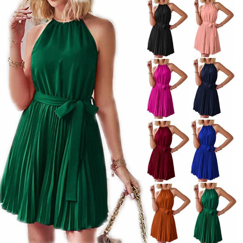 Women’s Halter Neck Pleated Chiffon Midi Dress with Waist Tie in 8 Colors S-XXL