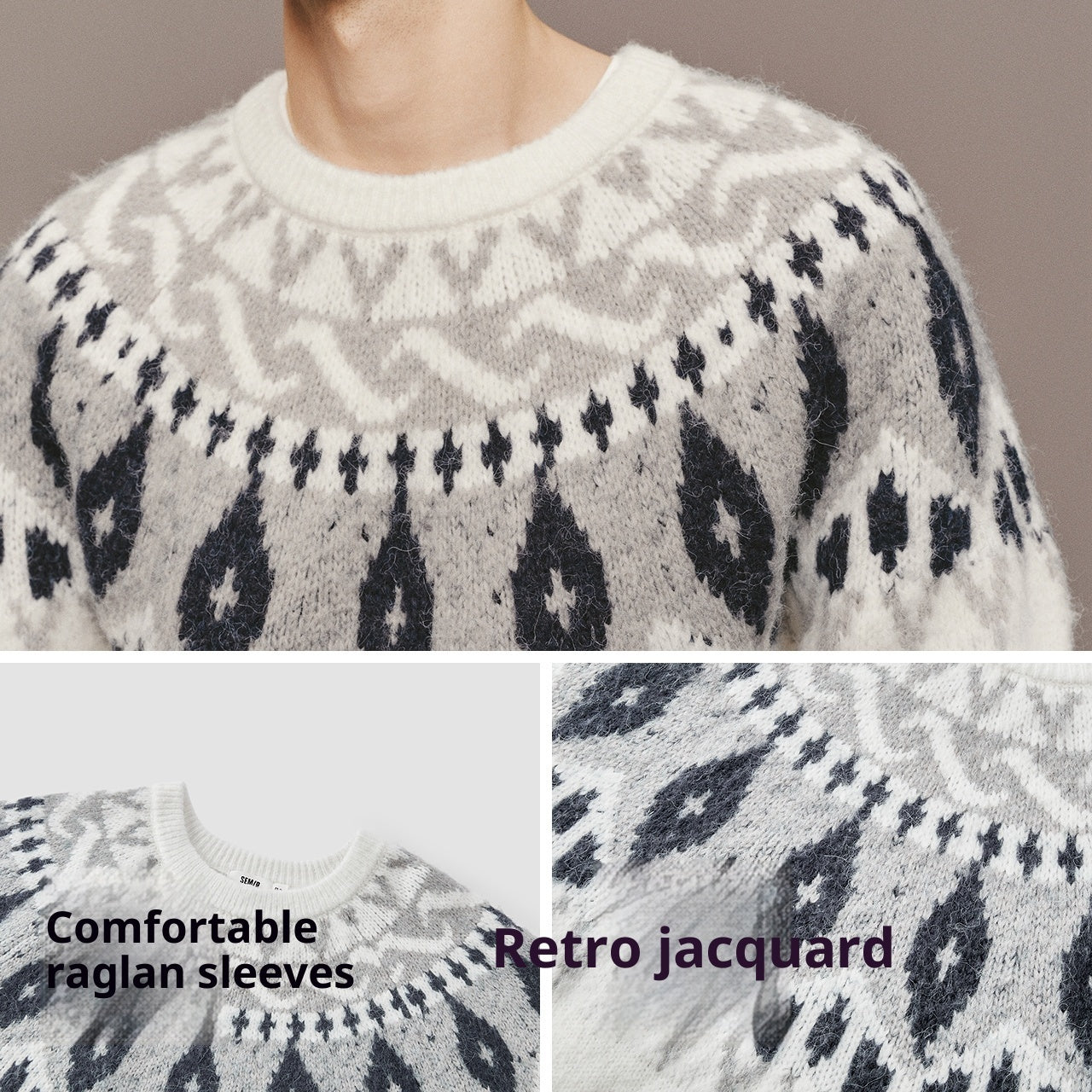 Men's round neck jacquard Christmas knitted sweater with retro pattern and comfortable raglan sleeves
