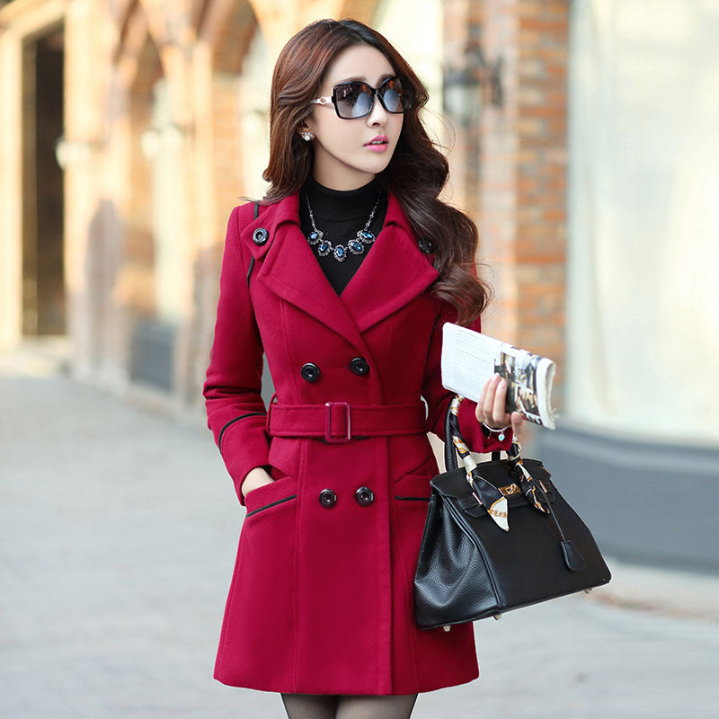 Women’s Double-Breasted Mid-Length Wool Coat with Belt