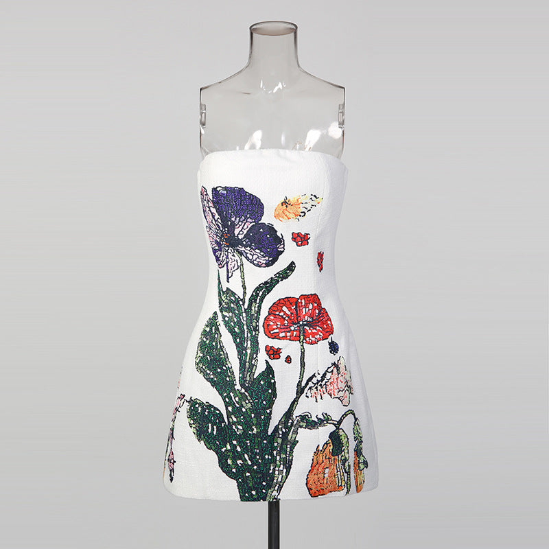 Strapless High-waisted Figure-hugging Printed Sheath Dress