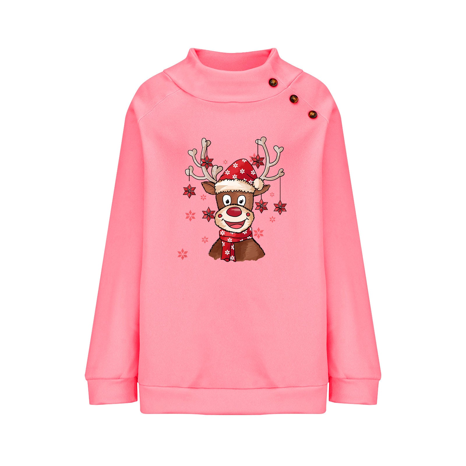 Turtleneck Buttons Christmas Deer Loose Sweater Female