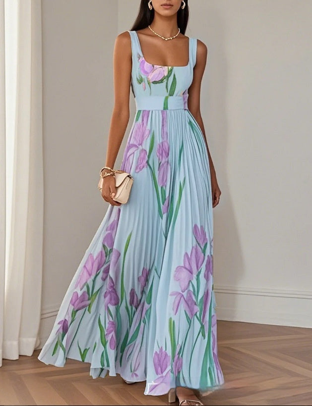 European And American Pleated Printing Dress