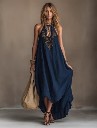 Neck-hanging Backless Maxi Sleeveless High-slit Embroidered Resort-style Dress