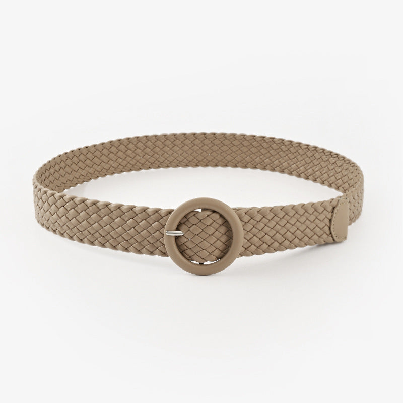 Woven Solid Colour Women’s Belt with Round Buckle