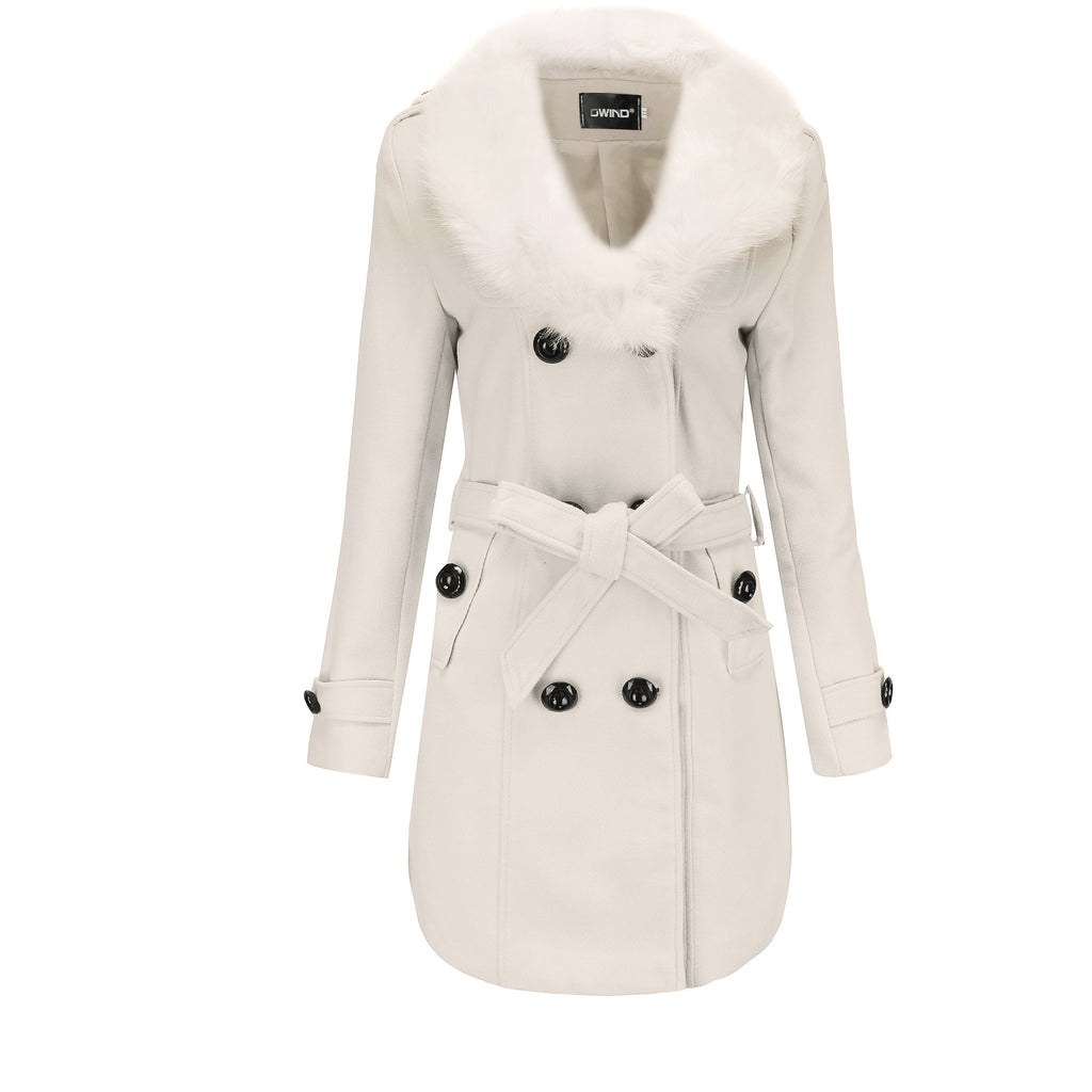 Women’s Woolen Mid Length Coat with Fur and Waist Tie in 7 Colors M-5XL - Wazzi's Wear