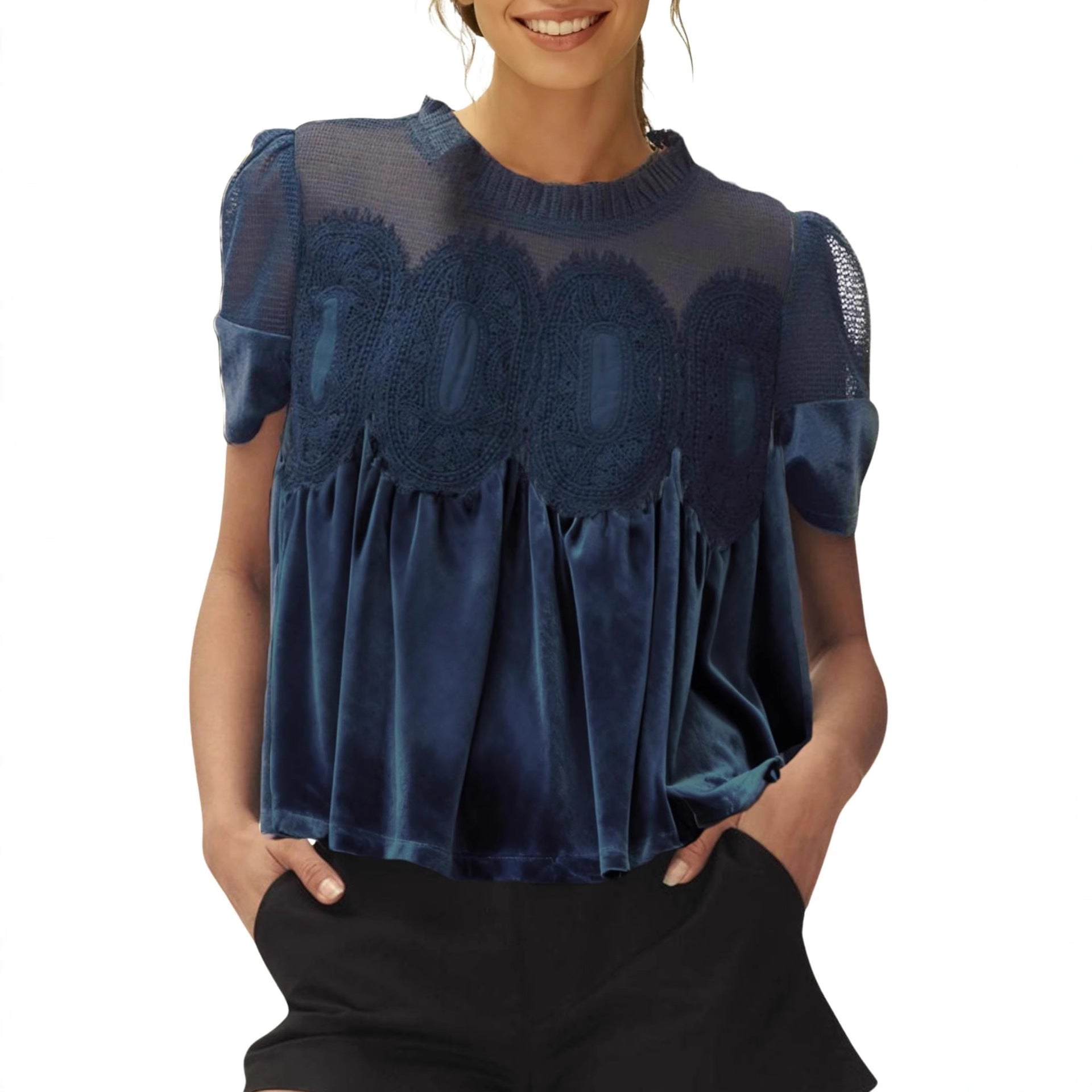 Women's Fashion Mesh Embroidered Crew-Neck Pullover Solid Color Top