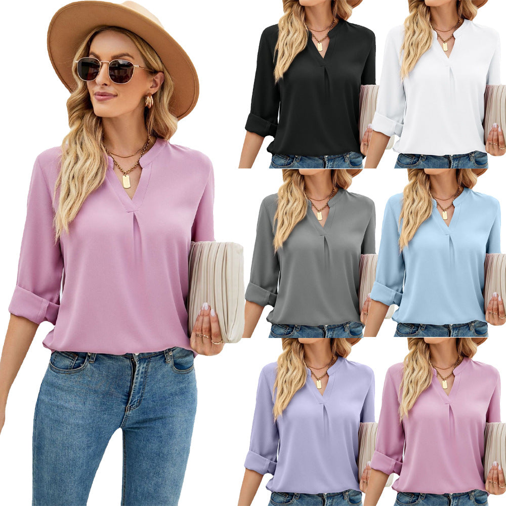 Women’s V-Neck Chiffon Long Sleeve Top in 5 Colors S-2XL - Wazzi's Wear