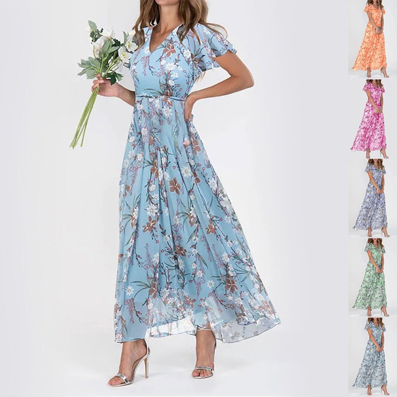 Flowers print short sleeve dress with ruffles in various colors, stylish summer beachwear for women.
