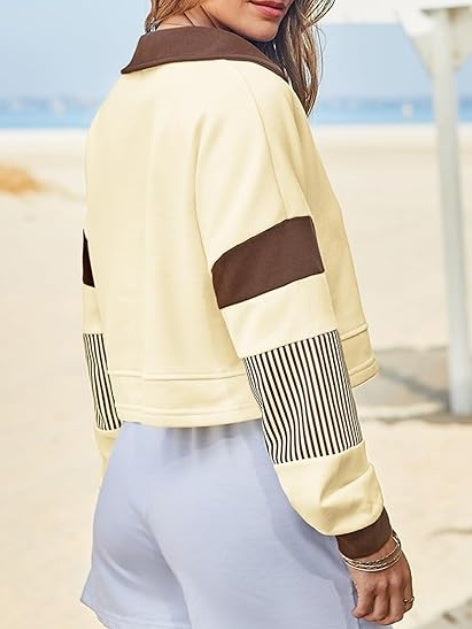 Fisoew Women's Long Sleeve Crop Tops Polo V Neck Color Block Casual Loose Pullover Cropped Sweatshirt