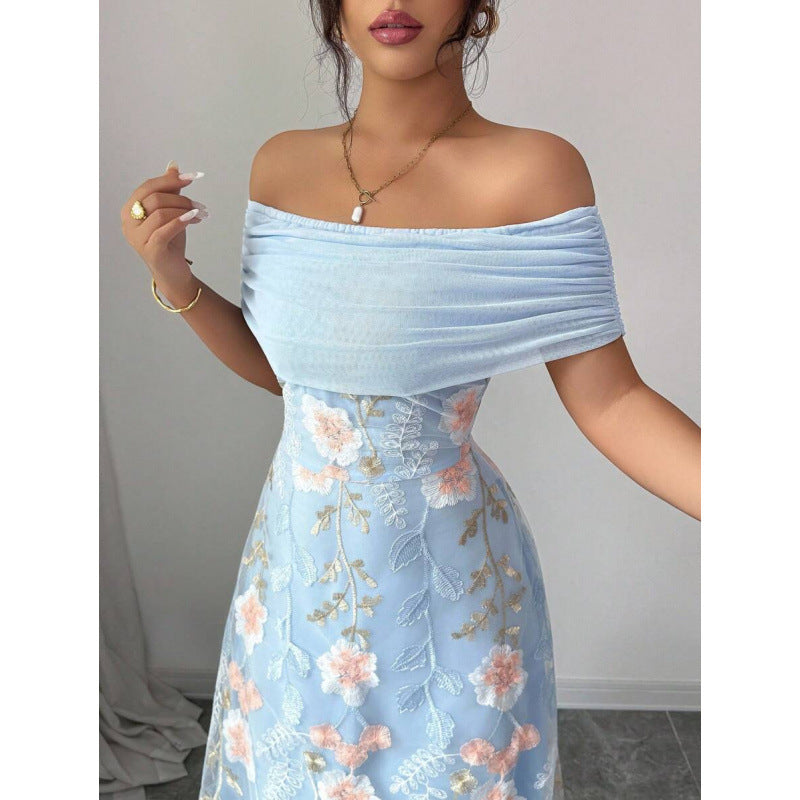 Mesh-Panel Off-the-Shoulder Pleated Dress For Women