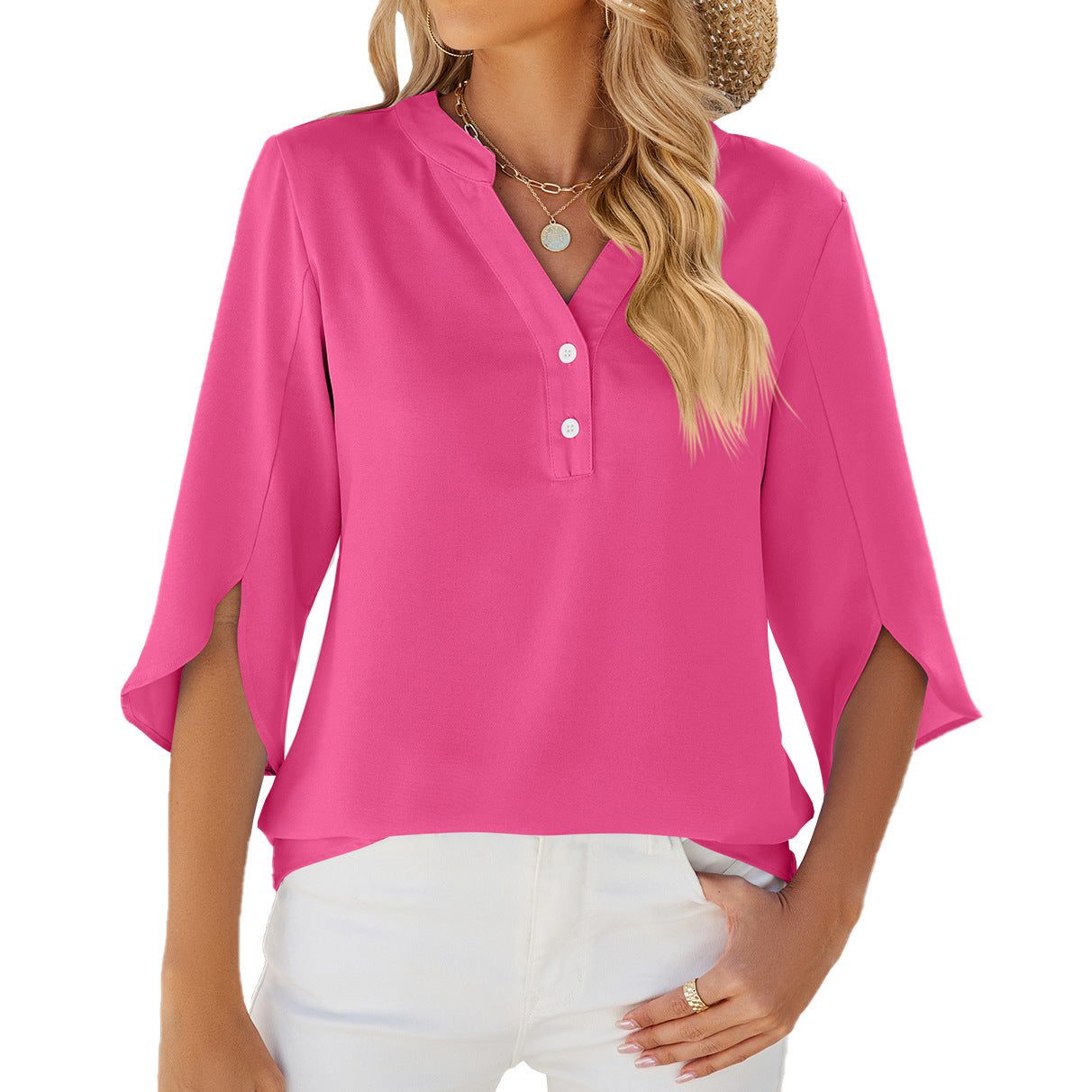 Women’s Button V-Neck Chiffon Half Sleeve Blouse