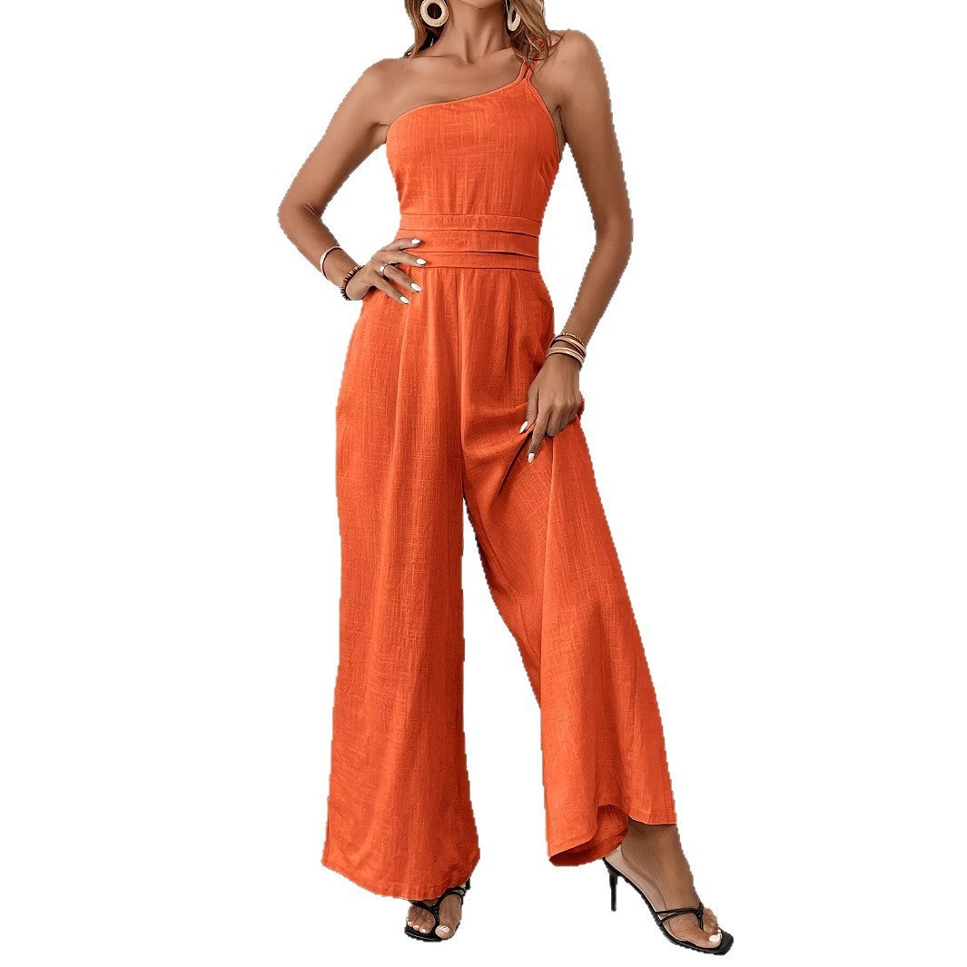Women's Solid Color Wide-leg Thin One-shoulder Jumpsuit