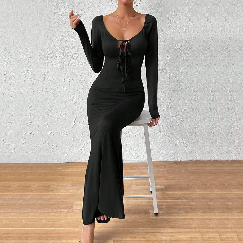 Women’s Black U-Neck Long Sleeve Maxi Dress with Open Back S-XL - Wazzi's Wear