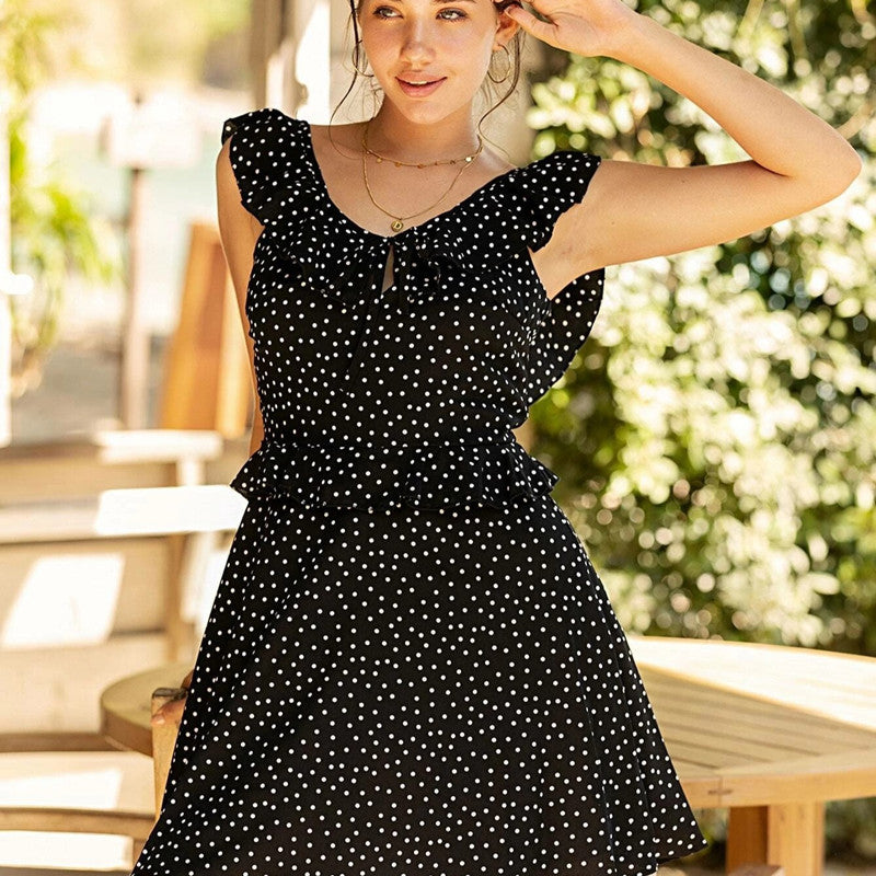 Polka Dot Ruffled Backless Chiffon A-Line Dress High Waist Skirt
