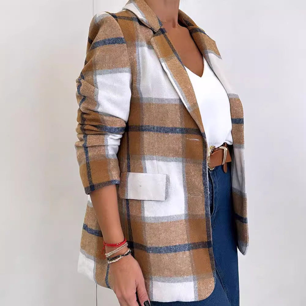 Single Breasted Plaid Wool Coat Women