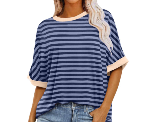 Striped Crewneck Trendy Short-sleeve Color-block Pullover