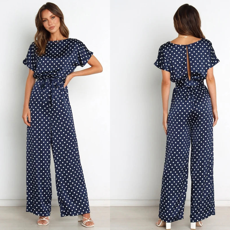 Women's Round Neck Short Sleeve Polka Dot Jumpsuit