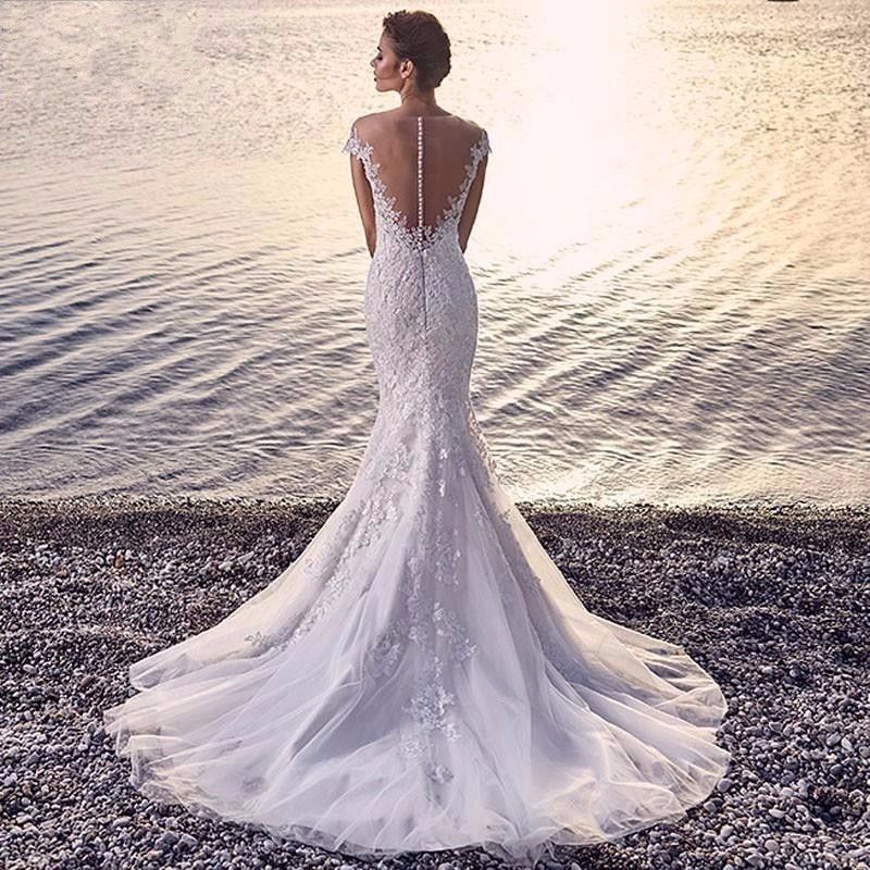 Women’s Tailing White Lace Mermaid Wedding Dress XS-3XL - Wazzi's Wear