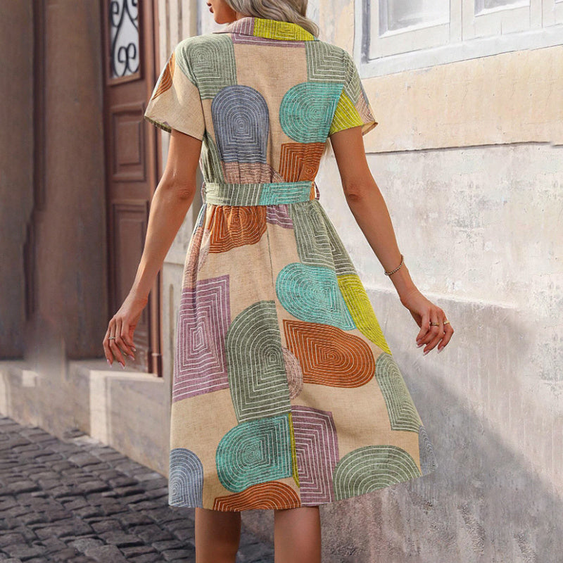 Women's Bohemian Floral Midi Dress V-Neck Short Sleeve Casual Dress, Slight Stretch Woven Fabric, Vibrant Print,  Summer Fashion