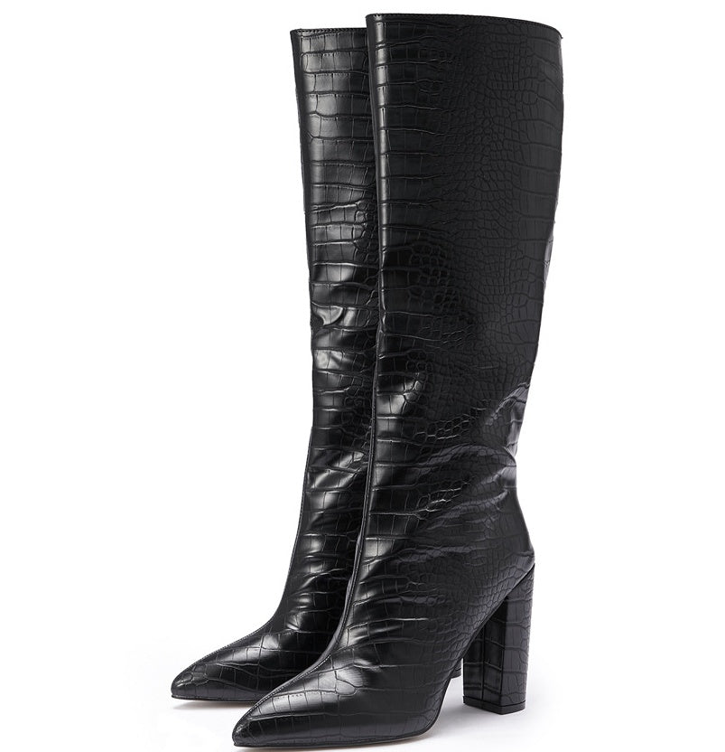 Women’s Pointed Toe Block Heel Black Knee High Boots