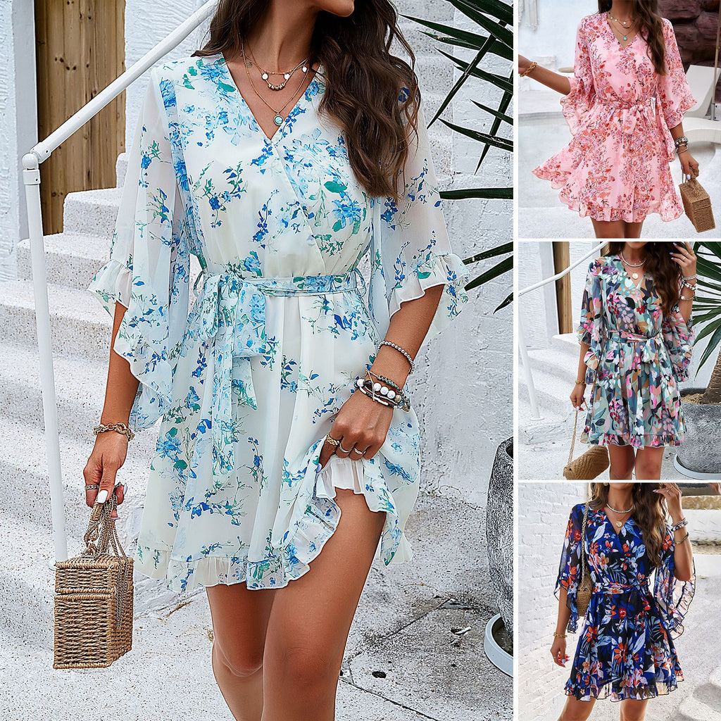 Women’s Floral Short Sleeve Ruffled Summer Dress in 4 Colors S-XL - Wazzi's Wear