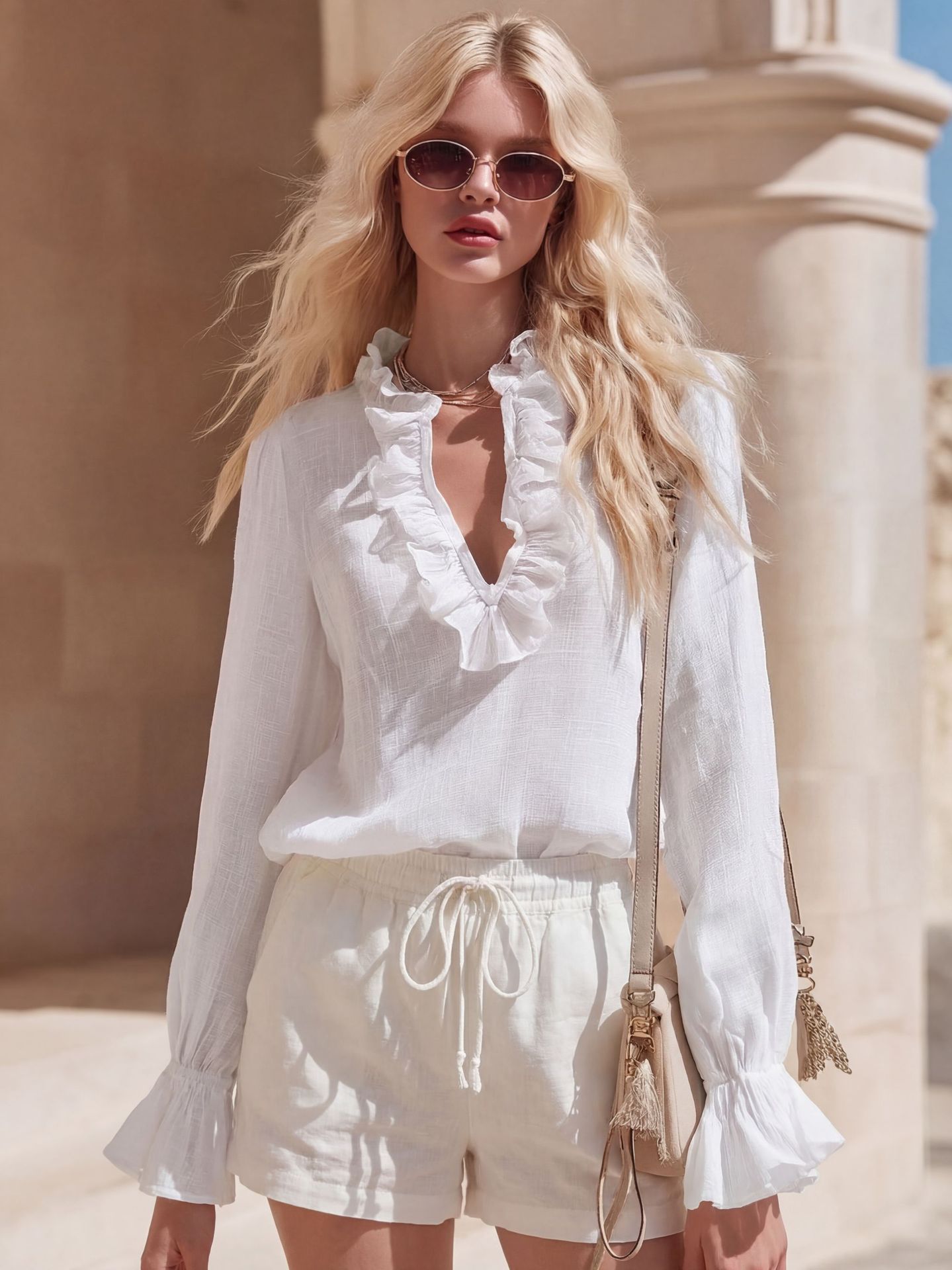French Romantic Linen Ruffle-Trimmed V-Neck Shirt