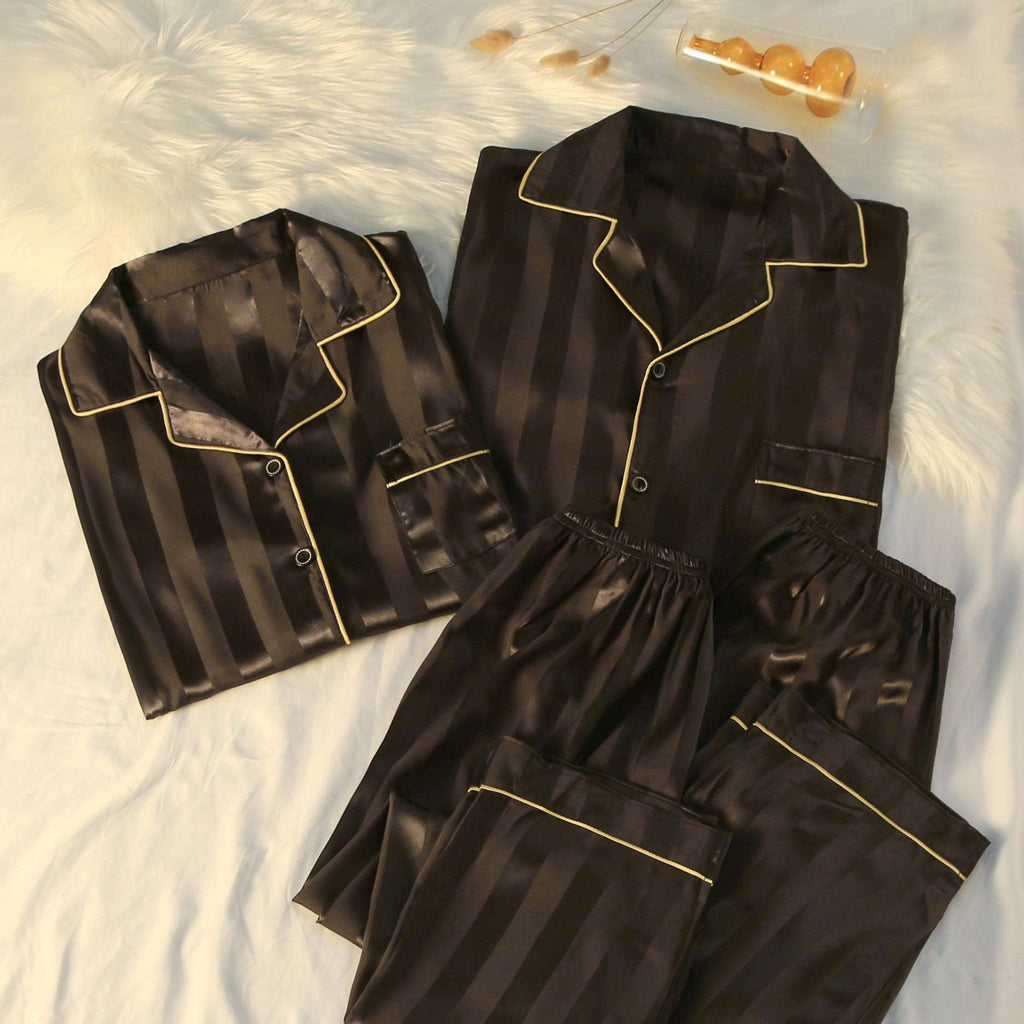 Men’s and Women’s Striped Luxury Silk Pajama Set with Long Sleeves in 4 Colors - Wazzi's Wear