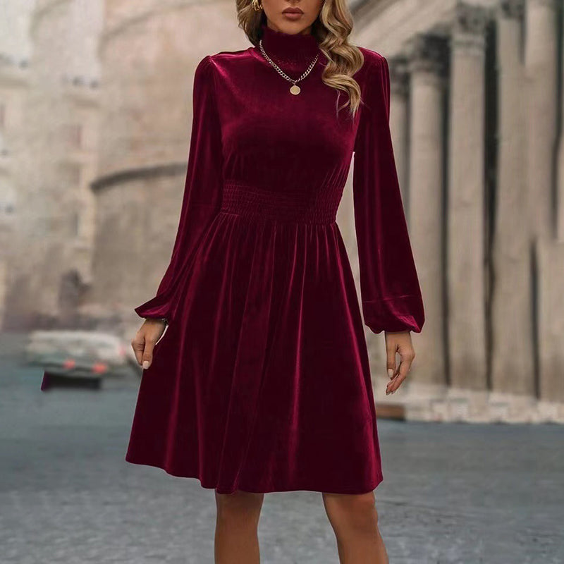 Women's Mock Neck Velvet Midi Dress, Smocked Waist Long Sleeve Casual Dress