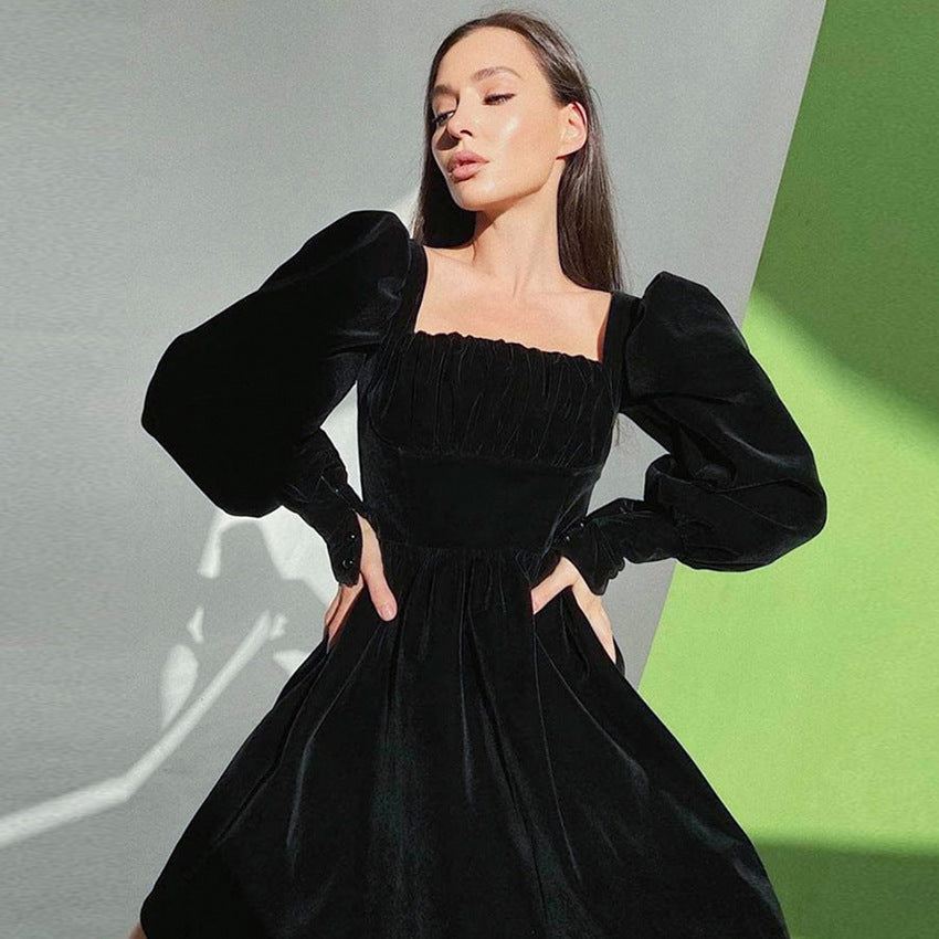 Velvet Red Cocktail Dress European And American A-line Skirt