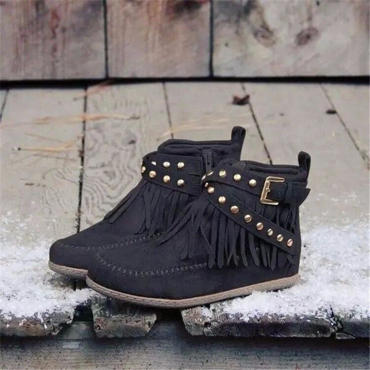 Women’s Flat Sole Suede Ankle Boots With Rivets and Tassels