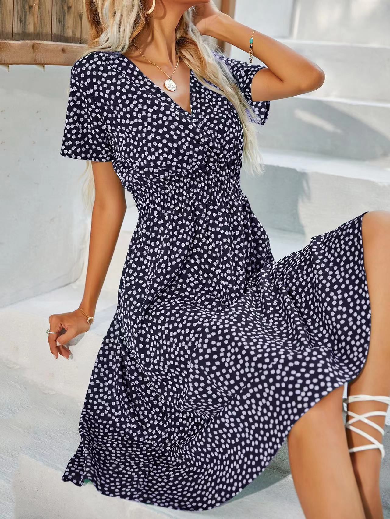 Summer Floral Print Short Sleeved V-neck Pullover High Waisted Dress A-line Skirt Mid Length Skirt