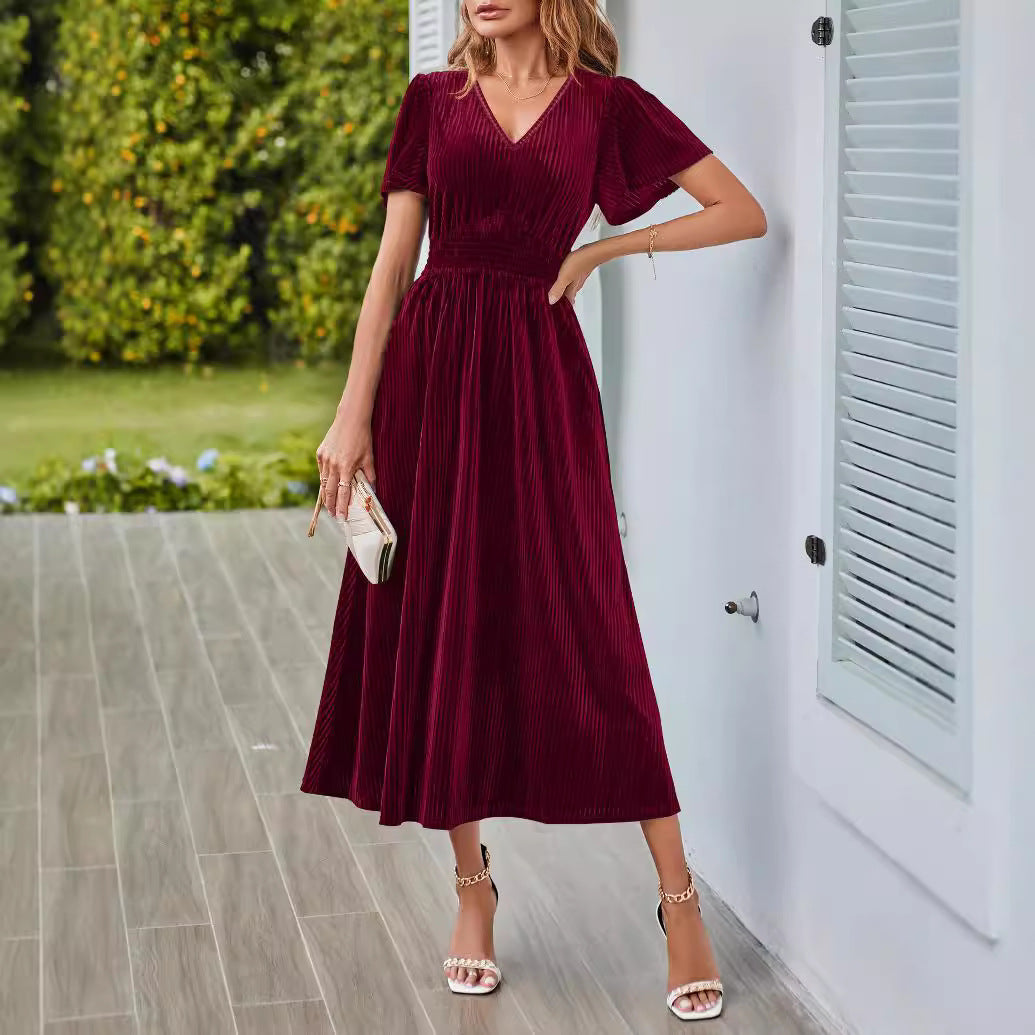 Knitted Short-Sleeve V-Neck Defined-Waist Maxi Dress For Women