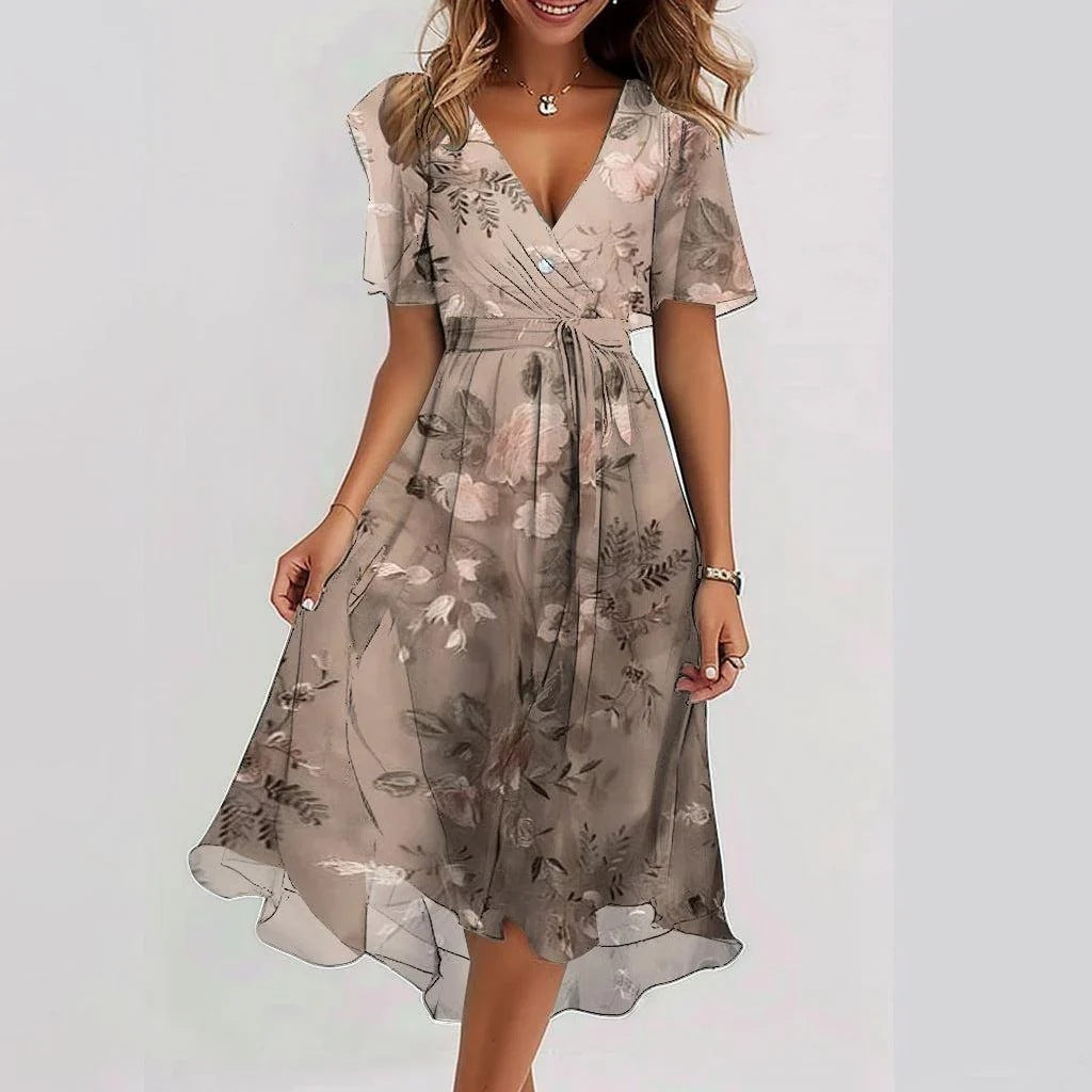 Women's Chiffon V-Neck Short Sleeve Midi Dress