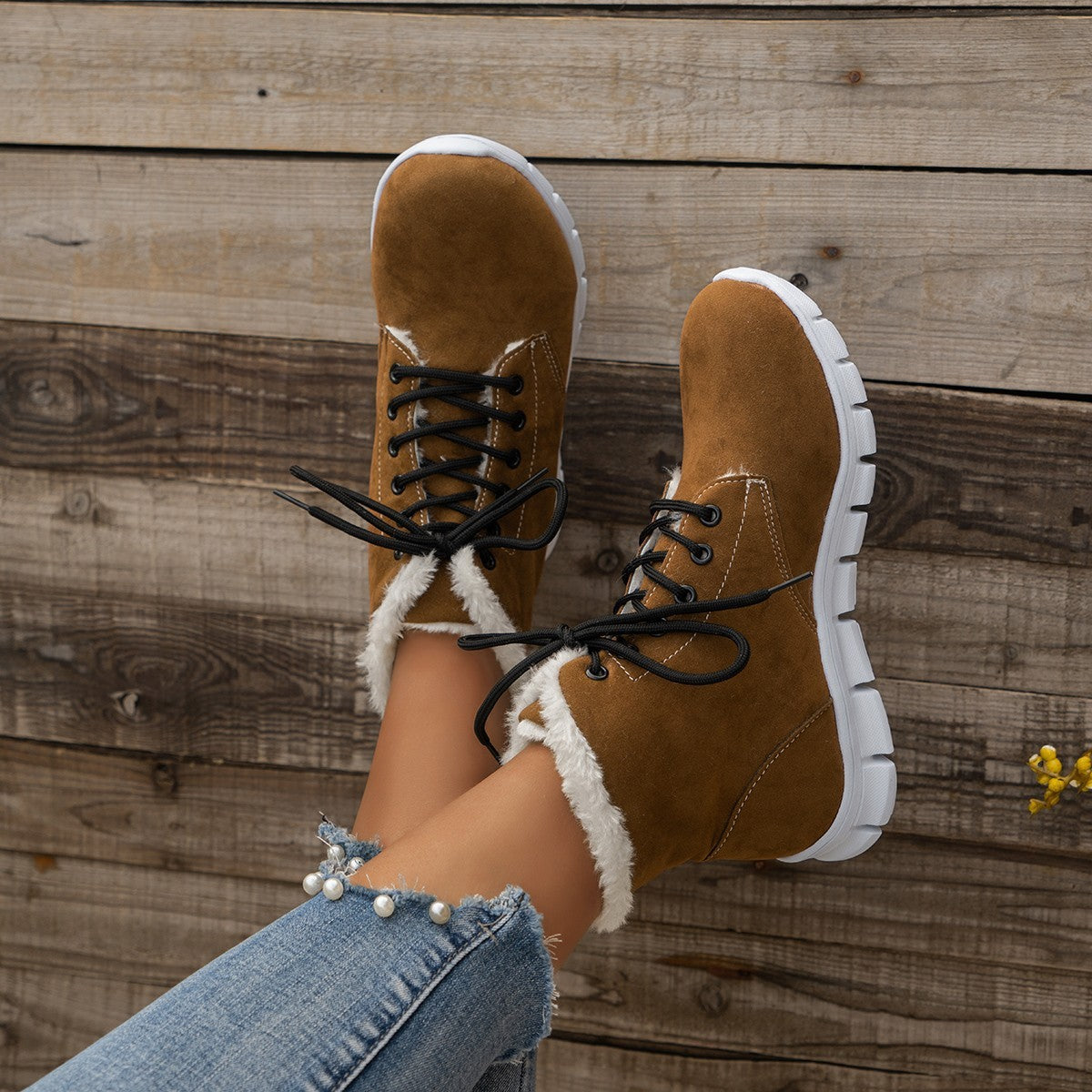 Women's Lace-Up Flat Sole Plush Ankle Boots