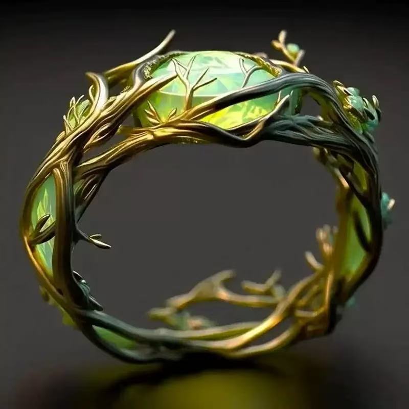 Vintage Personalized Oval Jade Inlaid Malachite Branch & Vine Design Ring For Women