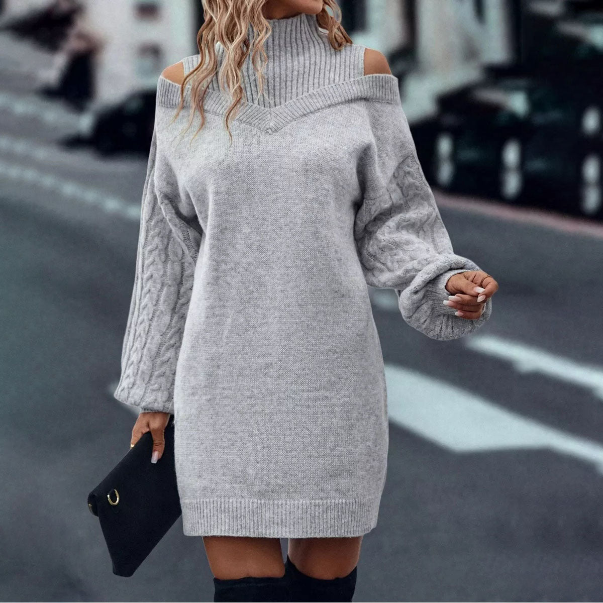 Loose Mid-length Sweater Half Turtleneck Off-the-shoulder Long Sleeve Knitted Dress