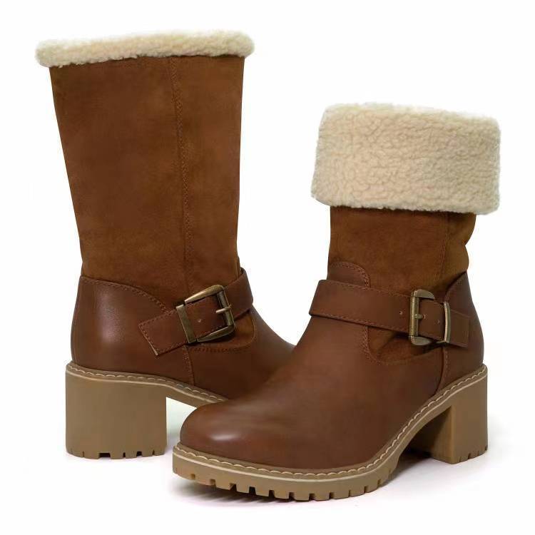 Women’s Plush Slip-On Mid-Calf Boots with Chunky Heel and Buckle