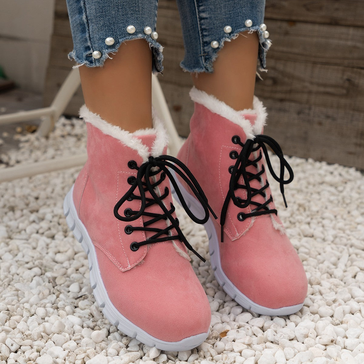 Women's Lace-Up Flat Sole Plush Ankle Boots