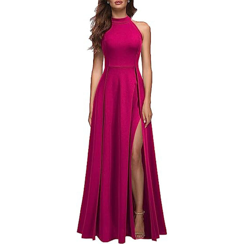 Women’s Solid Colour Halter Neck Evening Gown with Leg Slit