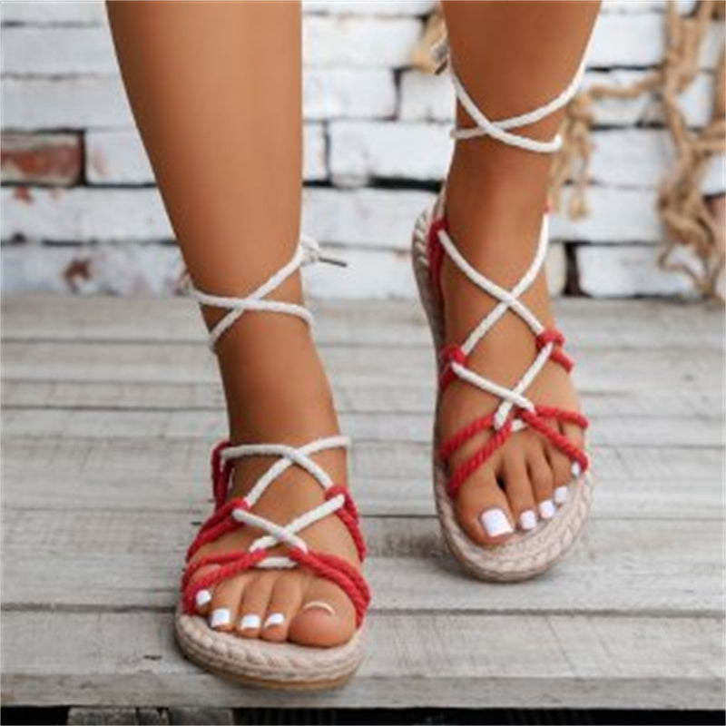 Women’s Hemp Rope Cross-Strap Flat Roman Sandals