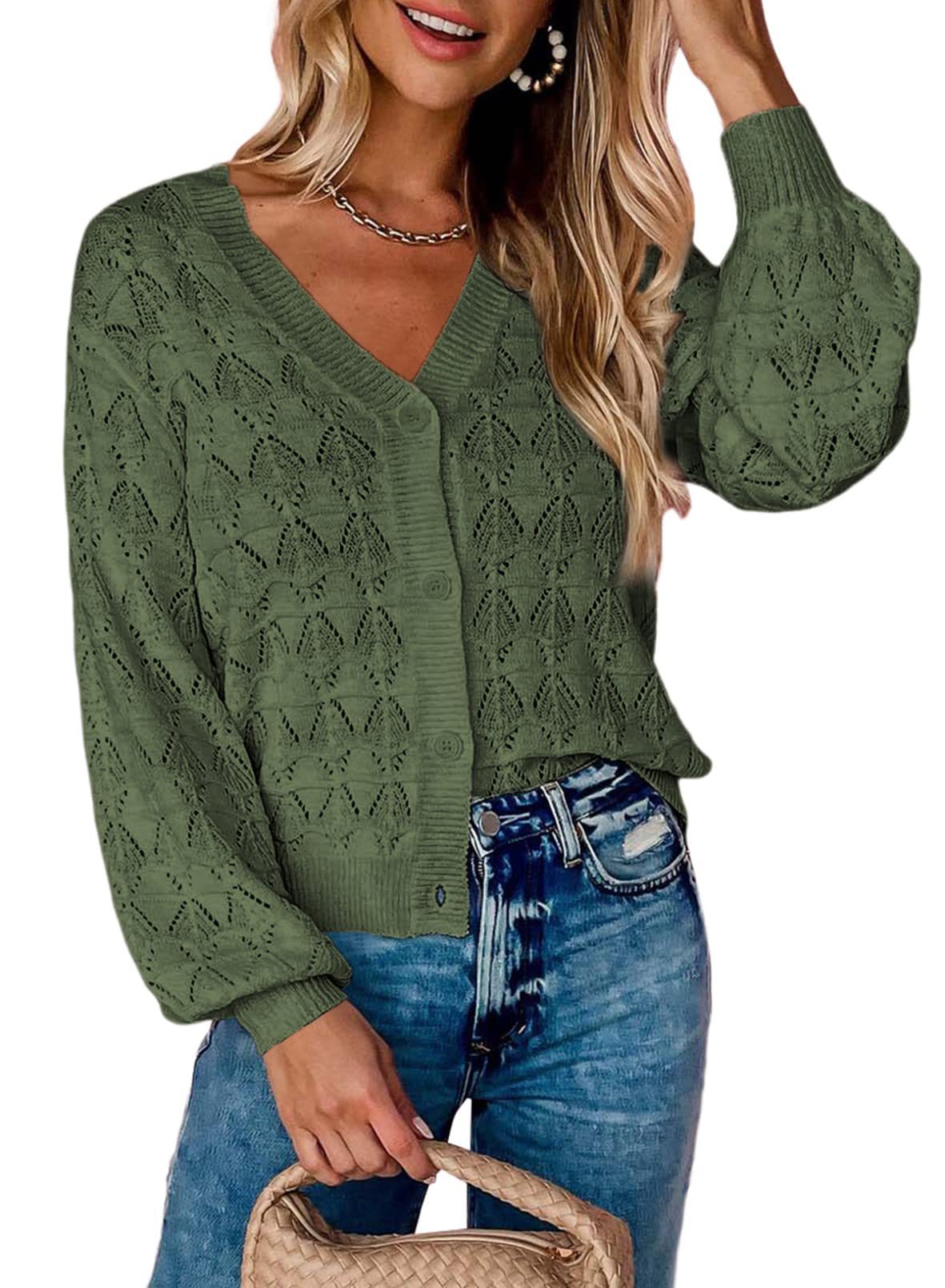 Women’s Long Sleeve V-Neck Knit Sweater Cardigan in 7 Colors S-2XL - Wazzi's Wear