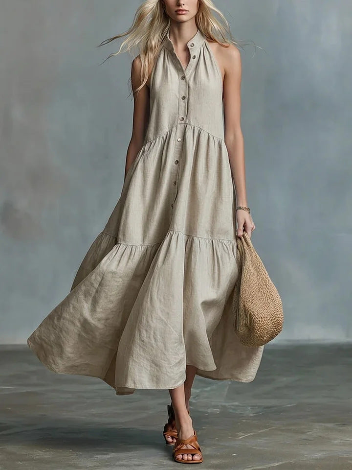 Casual Loose Linen Button-Down Vest Dress