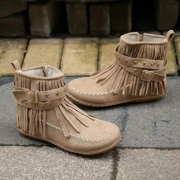 Ankle Boots Women s Flat Sole Suede Ankle Boots with Tassels Khaki 40