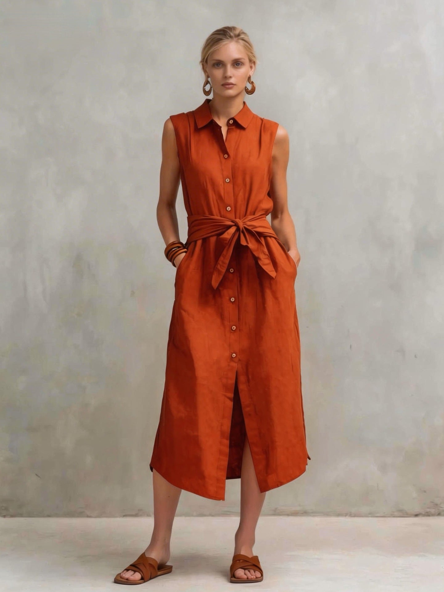 Casual Cotton-Linen Bag-Style Solid-Colored Sleeveless Dress