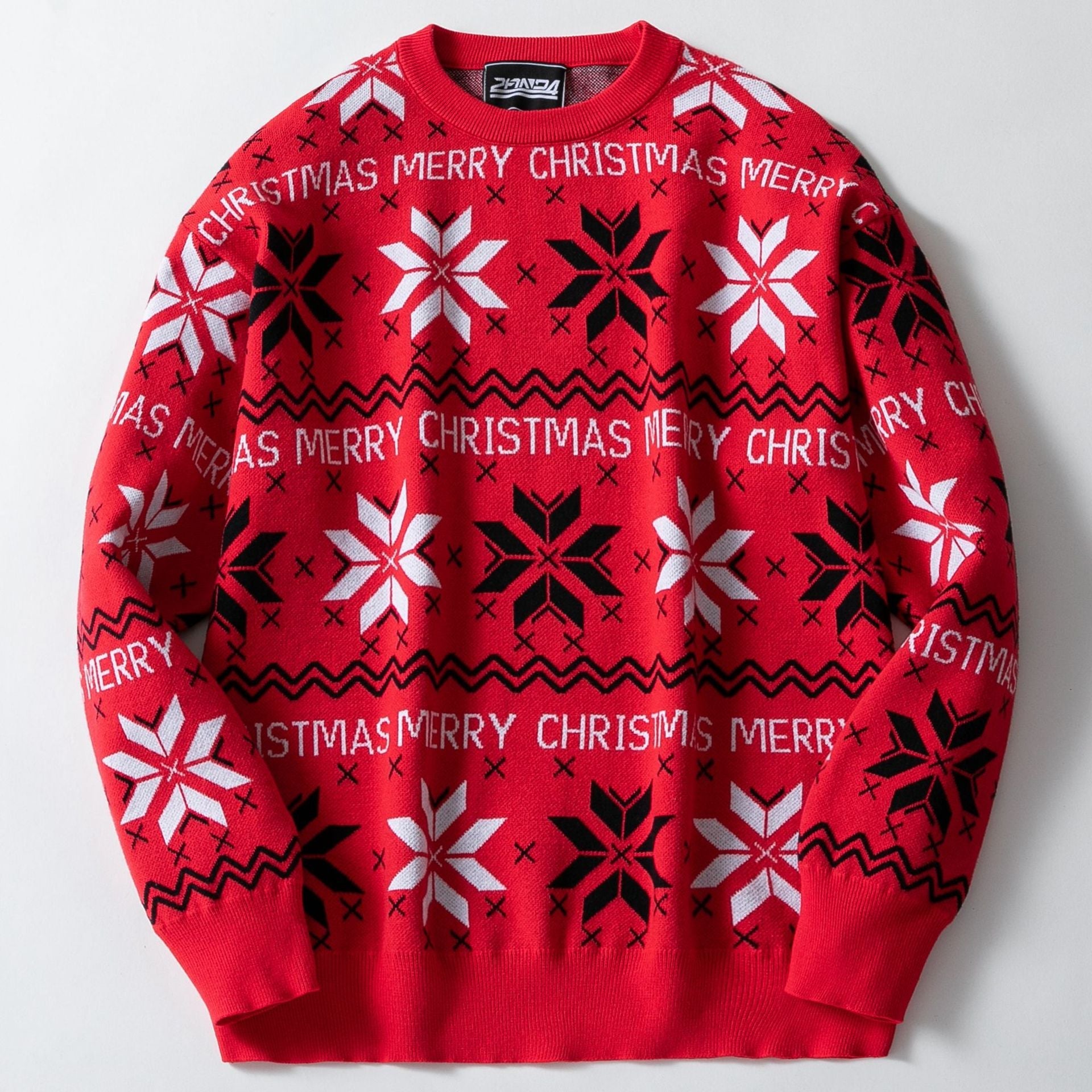 Men's red Christmas jacquard sweater with snowflake patterns and "Merry Christmas" text, long sleeve pullover