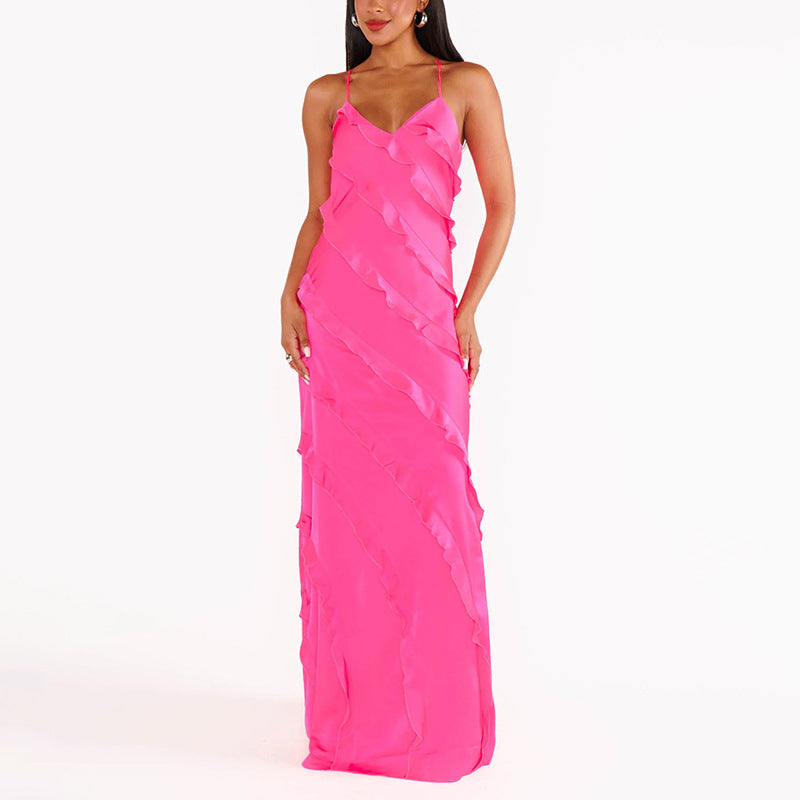 Womens Patchwork Ruffle-Trimmed Resort-Style Slip Dress