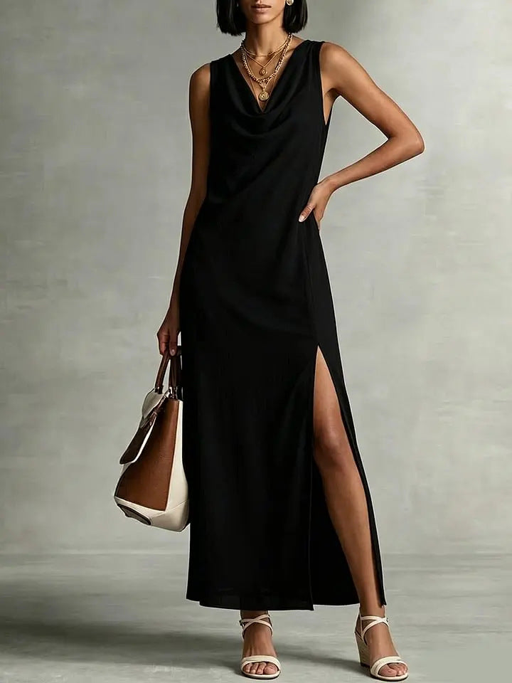 Womens Fashion Split Hem Draped Neckline Sleeveless Chiffon Dress