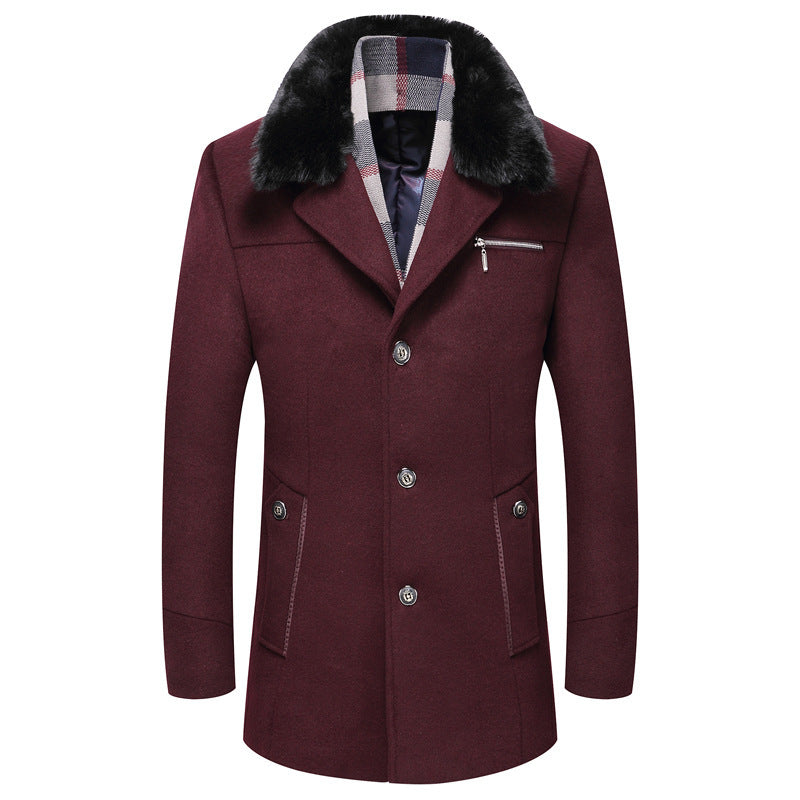 Single-Breasted Men's Wool Coat with Fur Collar and Plush Lining Single-Breasted Men's Wool Coat with Fur Collar and Plush Lining