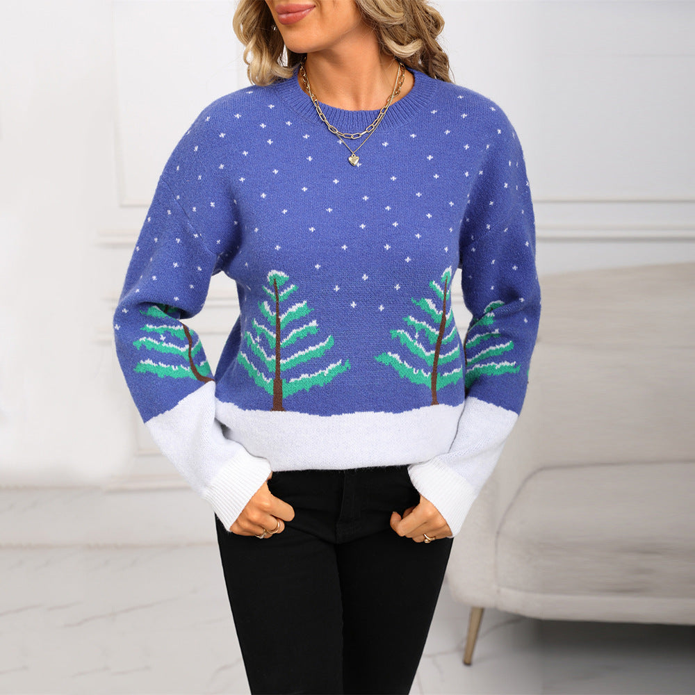 Blue Jacquard Long Sleeve Round Neck Christmas Knitted Pullover Leisure Sweater